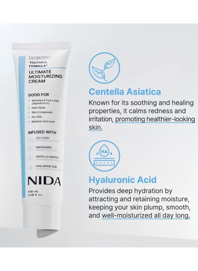 نيدا كريم الترطيب النهائي من 2-PACKS Youthful Formula™ | أسياتيكا، نياسيناميد، حمض الهيالورونيك، كولاجين | للتجاعيد، الخطوط الدقيقة، البقع الداكنة، البشرة الجافة، الاحمرار | 3.38 أونصة سائلة، 100 مل * 2 - Image 2